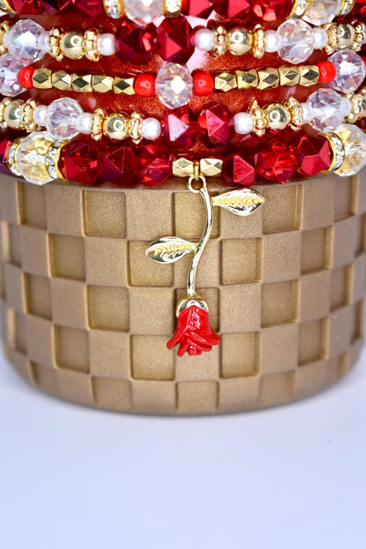 Red Rose Bracelet Stack with Beauty and the Beast Rose Charm