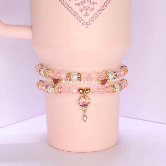 Pink Conch Floral Bracelet Stack - 3 Piece Set