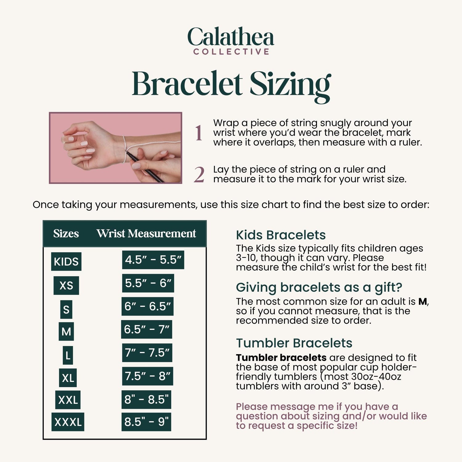 Bracelet sizing chart for Calathea Collective with wrist measurement guide and size chart.