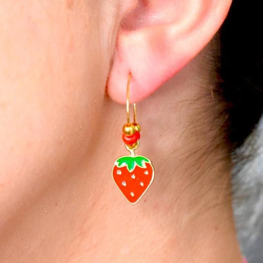 Strawberry Charm Hoop Earrings: Red Enamel Dangle, Gold Hoops