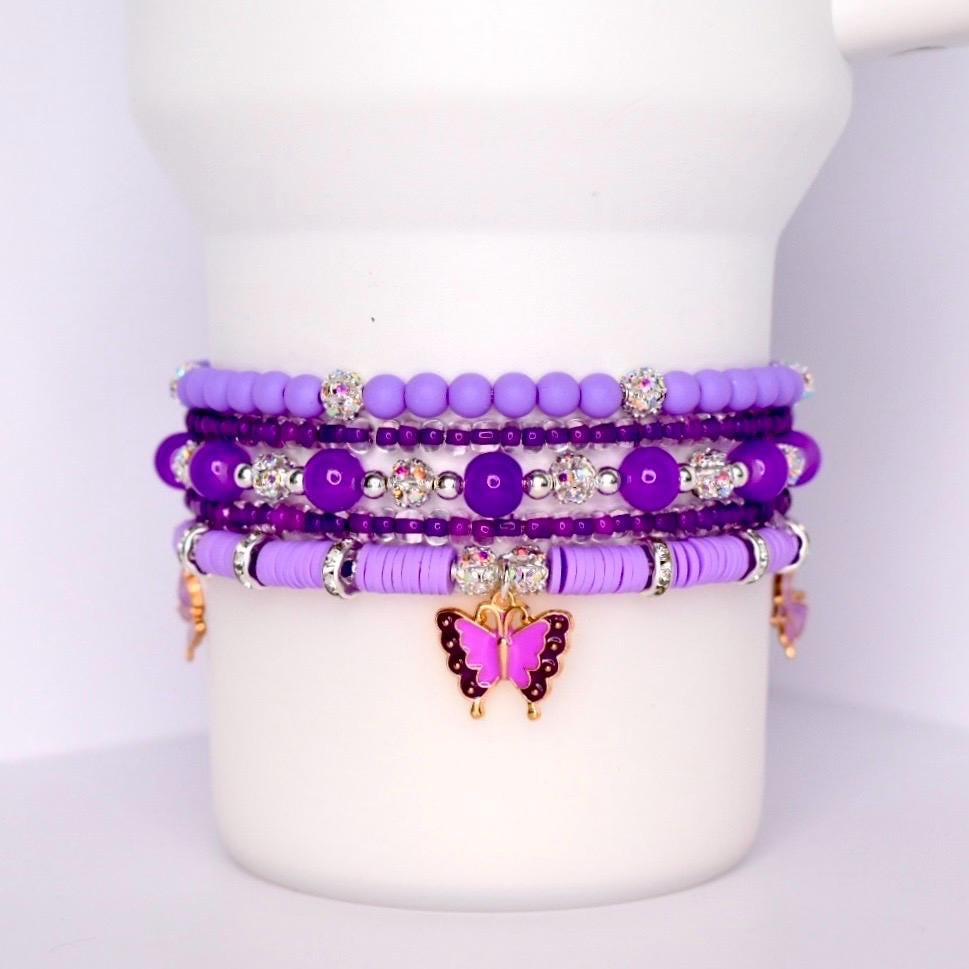 Purple Beaded Bracelet Stack with Butterfly Charm - 5 Piece Set