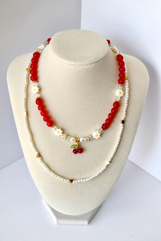 Layered Necklace Set: Cherry Charm, Daisy & Pearl Y2K Jewelry