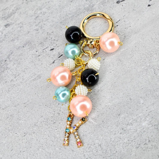 Pearl Beaded Bag Charm: Personalized Rhinestone Initial Keychain