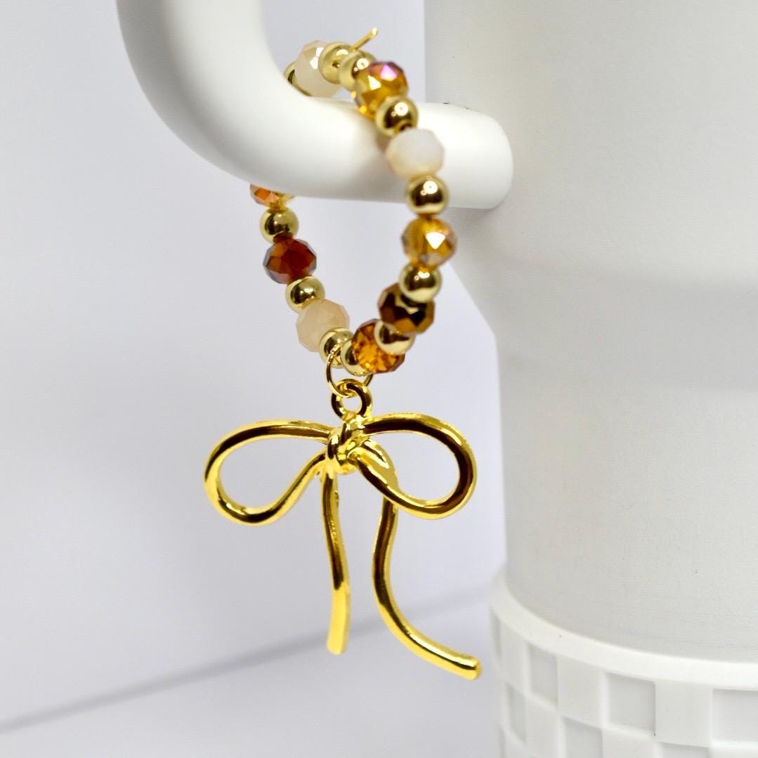 Chocolate Brown and Gold Tumbler Handle Bracelet with Amber Beads, Bow Charms