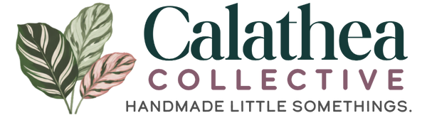 Calathea Collective logo featuring three illustrated leaves in green and pink next to the brand name 'Calathea Collective' and the tagline 'HANDMADE LITTLE SOMETHINGS.' on a plain white background.