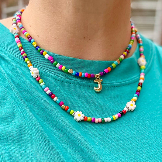 Rainbow Seed Bead Initial Necklace: Gold Filled Charm, Adjustable Boho Jewelry, Necklace for Layering