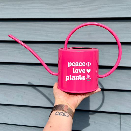 Pink Watering Can with Peace Love Plants Design