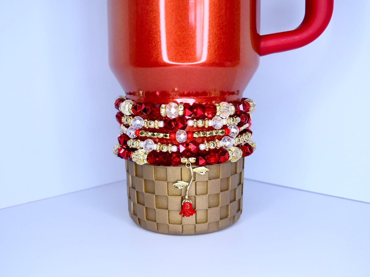 Red Rose Bracelet Stack with Beauty and the Beast Rose Charm