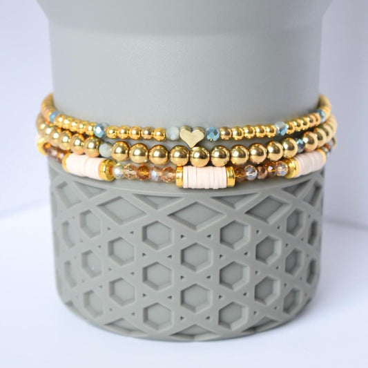 Sage Grey Bracelet Stack with Gold Accents - 3 Piece Set