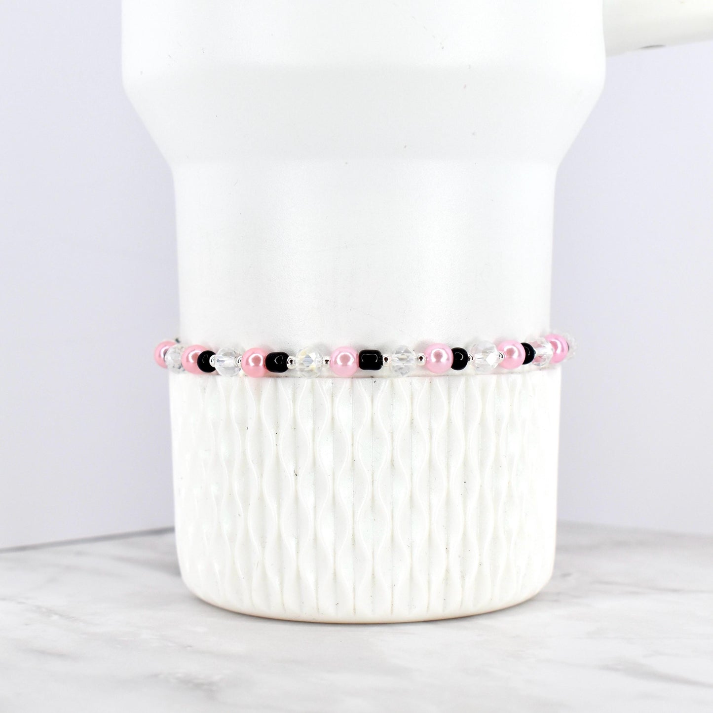 Black and Pink Beaded Stretch Bracelet