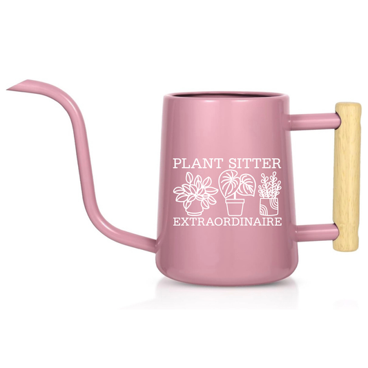 Pink watering can with 'Plant Sitter Extraordinaire' text and plant illustrations on a white background