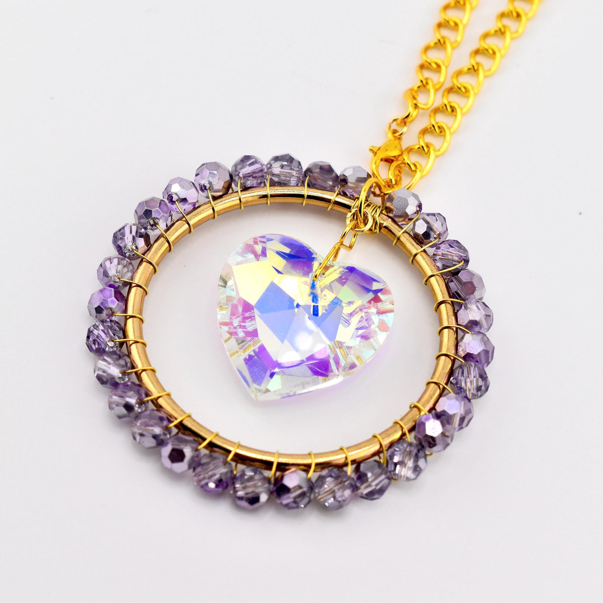 Purple Beaded Suncatcher with Crystal Heart - Handmade Window Charm