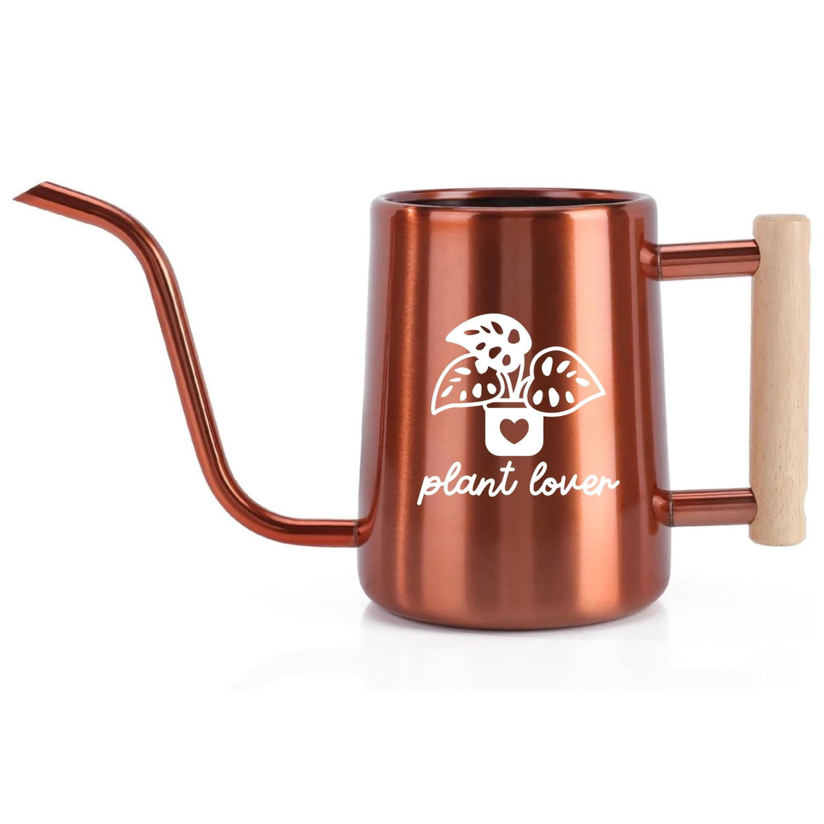 Copper-colored watering can with a long, slender spout and a wooden handle. The can features a white graphic of a potted plant with the words "plant lover" below it. Ideal for indoor plants.