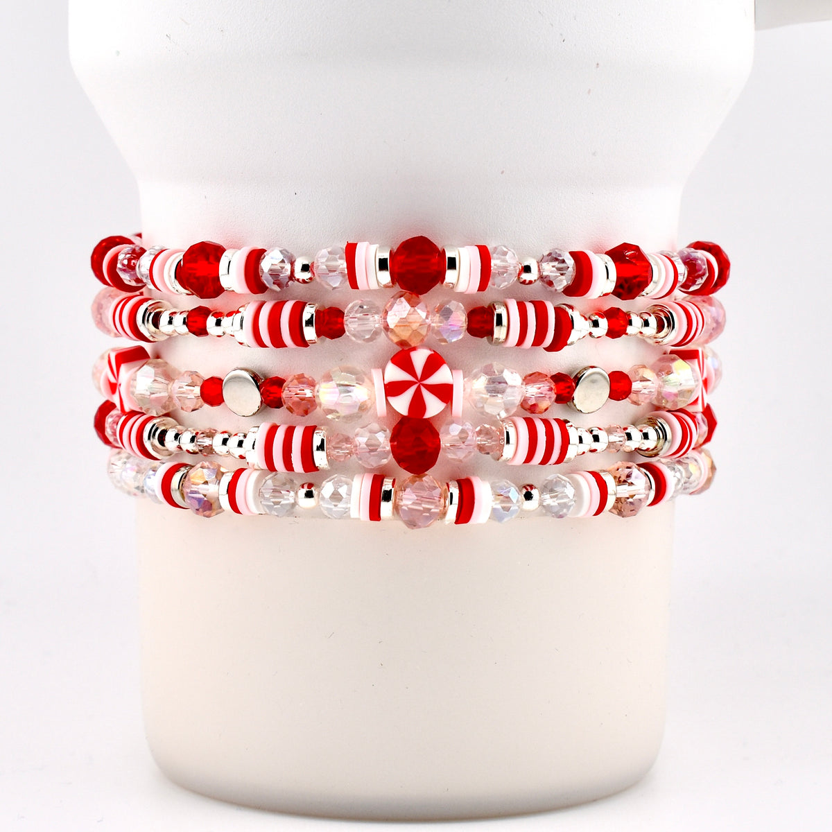 Red Pink and White Peppermint Strawberry Twist Bracelet Collection