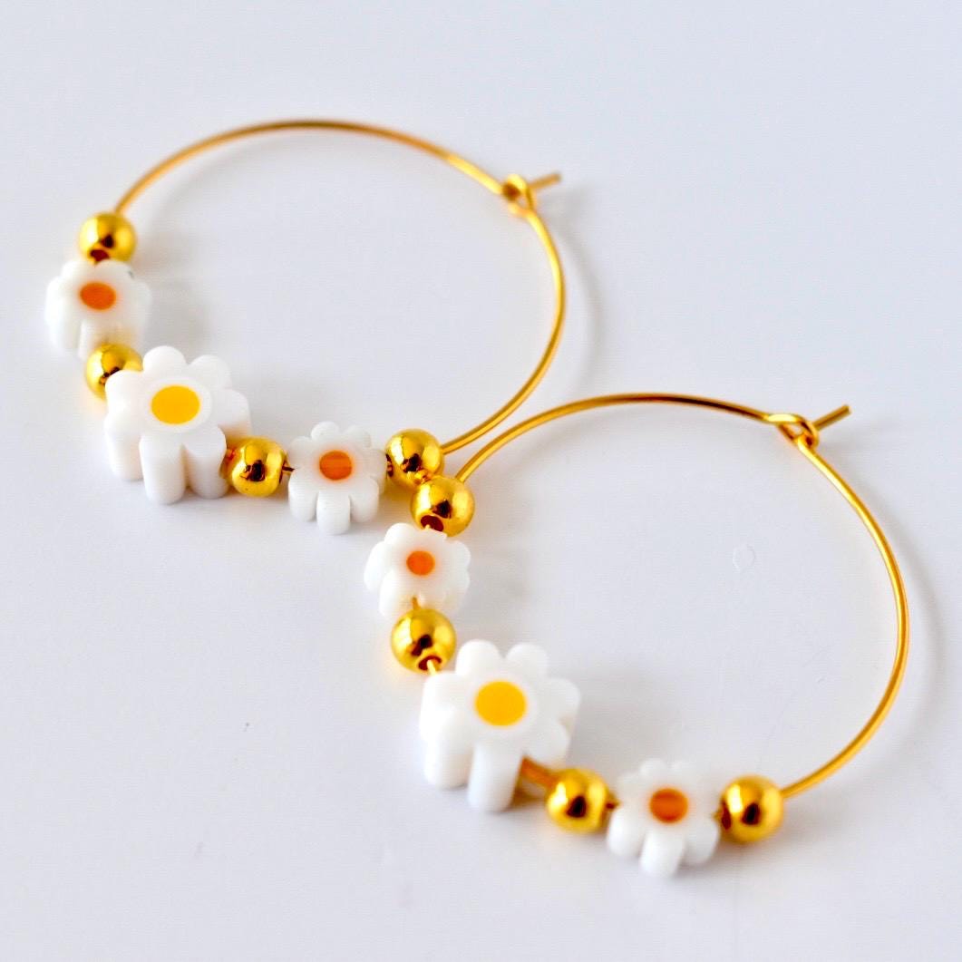 Daisy Hoop Earrings Gold and White Daisy Beaded Hoops