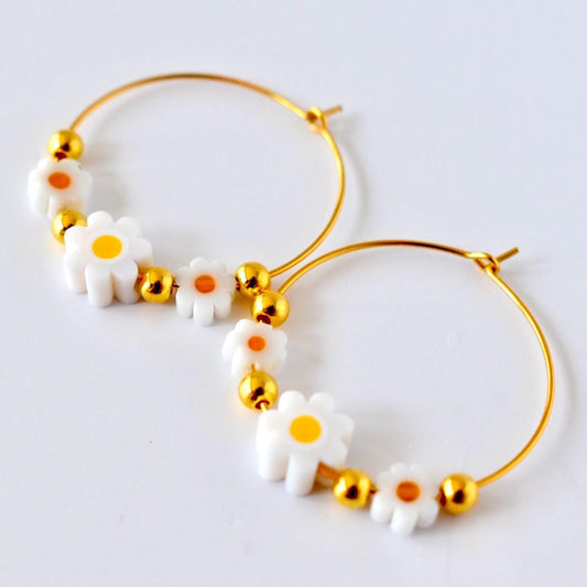 Daisy Hoop Earrings Gold and White Daisy Beaded Hoops