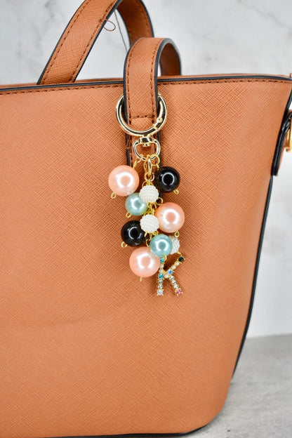 Pearl Beaded Bag Charm: Personalized Rhinestone Initial Keychain