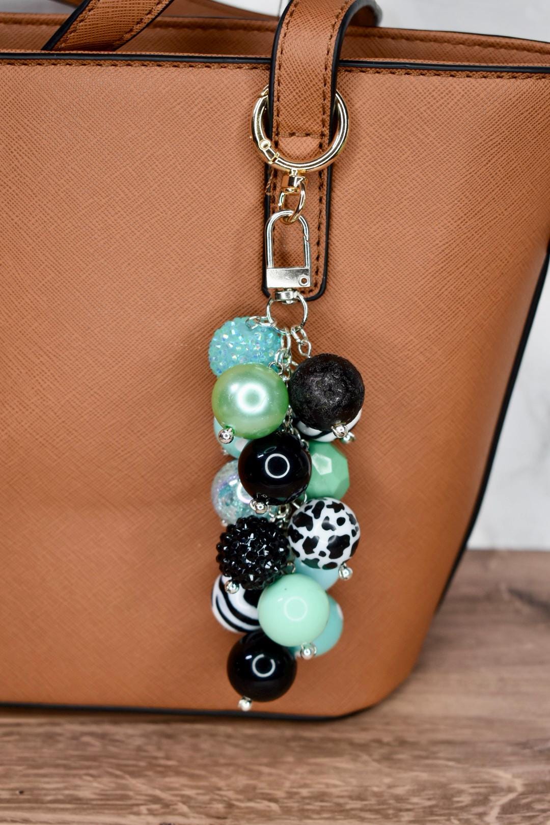 Mint & Black Beaded Bag Charm - Bag Keychain