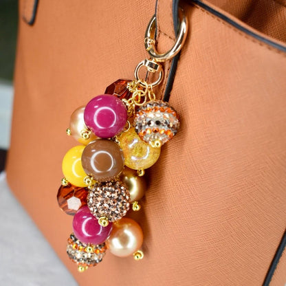 Fall Beaded Bag Charm: Gold, Brown and Burgundy Keychain Purse Accessory