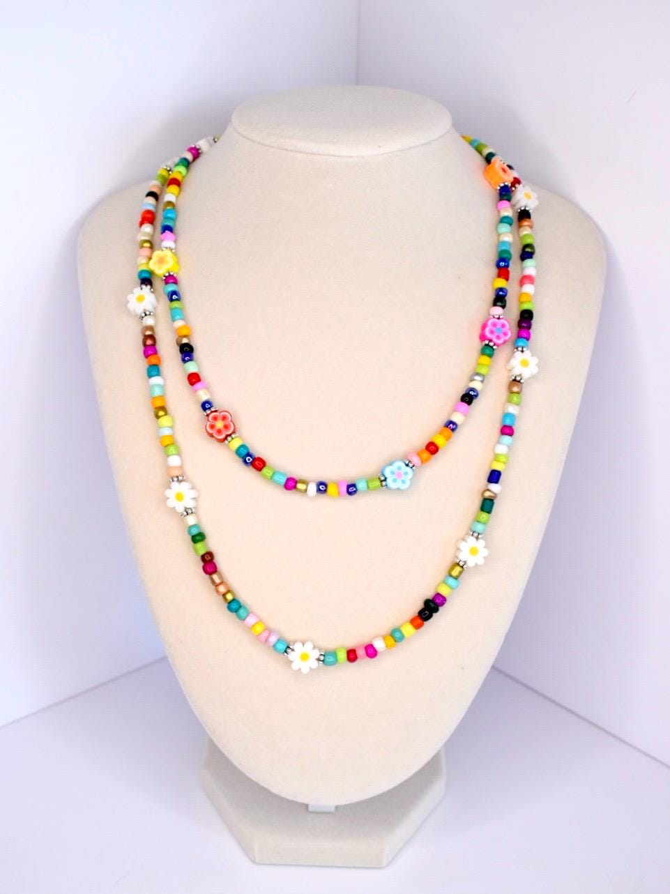 Festival Flower Necklace: Rainbow Seed Beads, Y2K Jewelry, Necklace for Layering