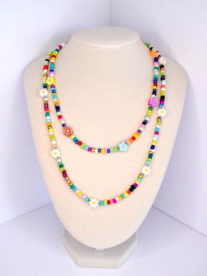 Festival Flower Necklace: Rainbow Seed Beads, Y2K Jewelry, Necklace for Layering
