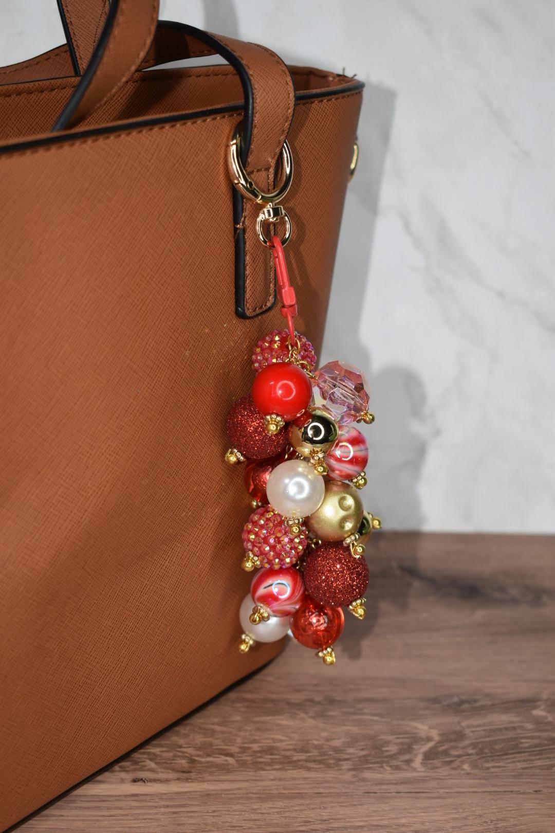 Red and Gold Glam Beaded Bag Charm - Bag Keychain