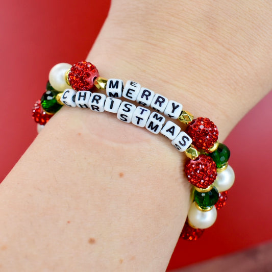 Merry Christmas Letter Bead Bracelet Stack - 2 Piece Set