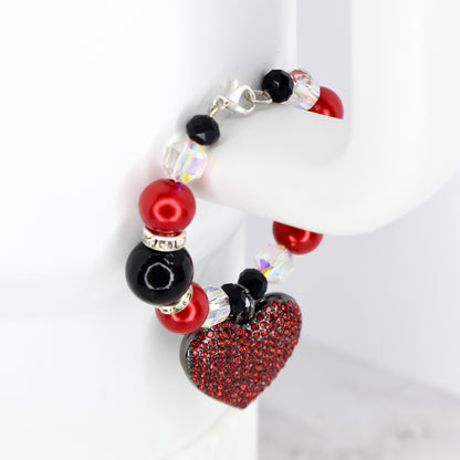 Red and Black Tumbler Handle Bracelet with Red Rhinestone Heart Charm