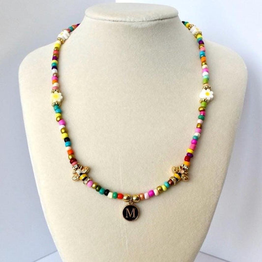 Rainbow Seed Bead Necklace: Custom Initial Charm, Bumblebee Accent