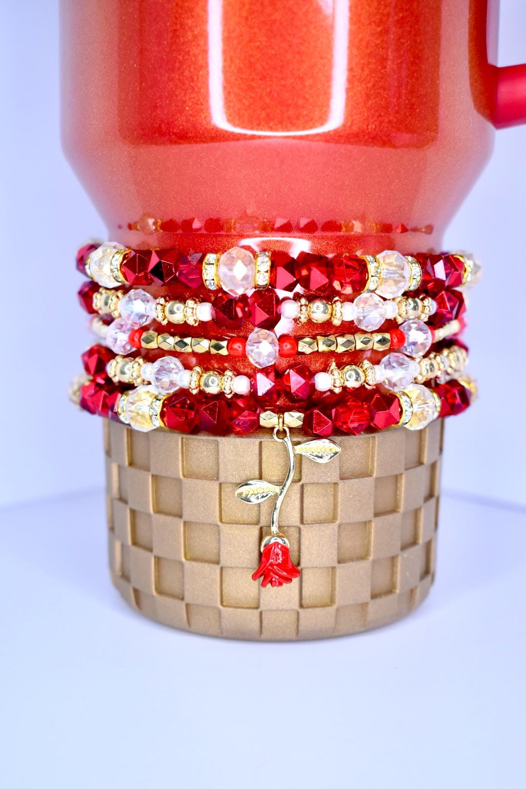 Red Rose Bracelet Stack with Beauty and the Beast Rose Charm