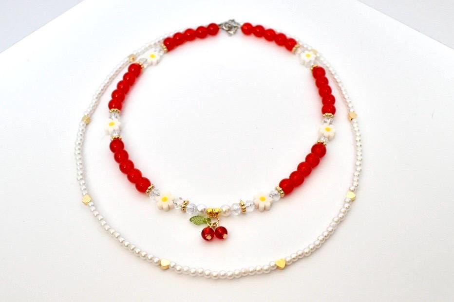Layered Necklace Set: Cherry Charm, Daisy & Pearl Y2K Jewelry