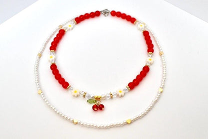 Layered Necklace Set: Cherry Charm, Daisy & Pearl Y2K Jewelry
