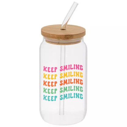 Glass Can Sipper Cup with Straw Charm, Bamboo Lid, and Glass Straw