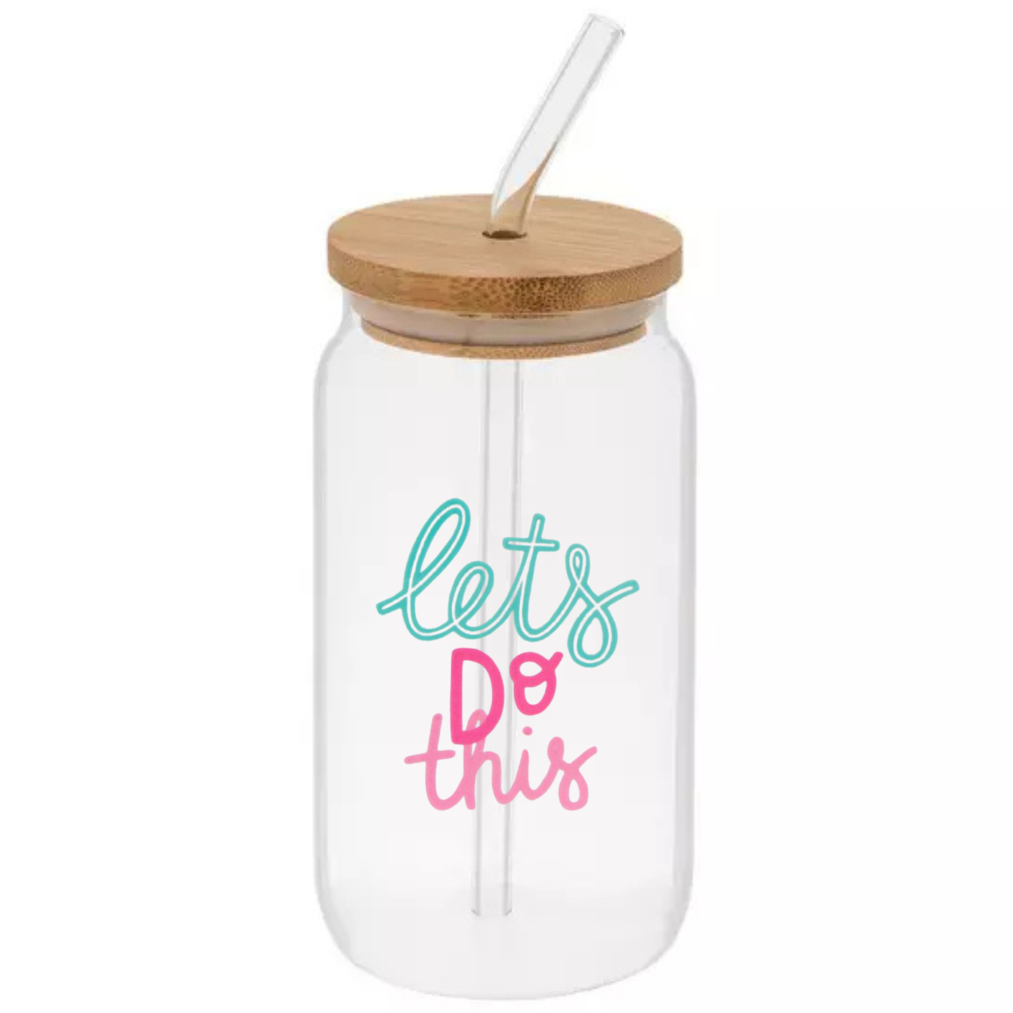 Glass Can Sipper Cup with Straw Charm, Bamboo Lid, and Glass Straw