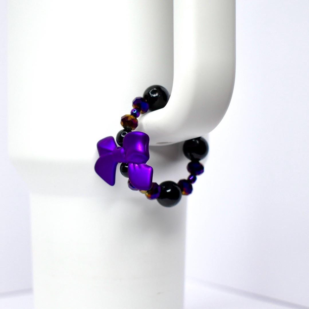 Purple Bow Tumbler Handle Bracelet with Black Pearl Accents