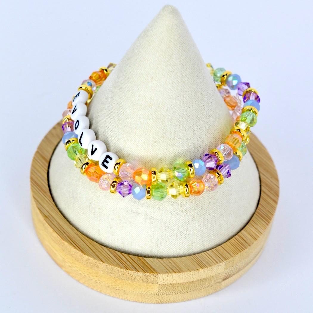 Colorful Beaded Bracelet Set: Pastel Crystal and Gold Accents