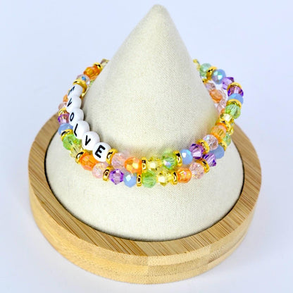 Colorful Beaded Bracelet Set: Pastel Crystal and Gold Accents