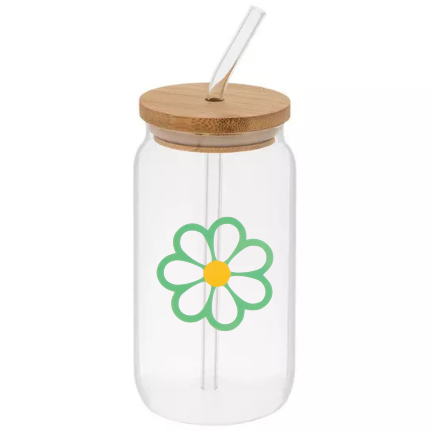 Glass Can Sipper Cup with Straw Charm, Bamboo Lid, and Glass Straw