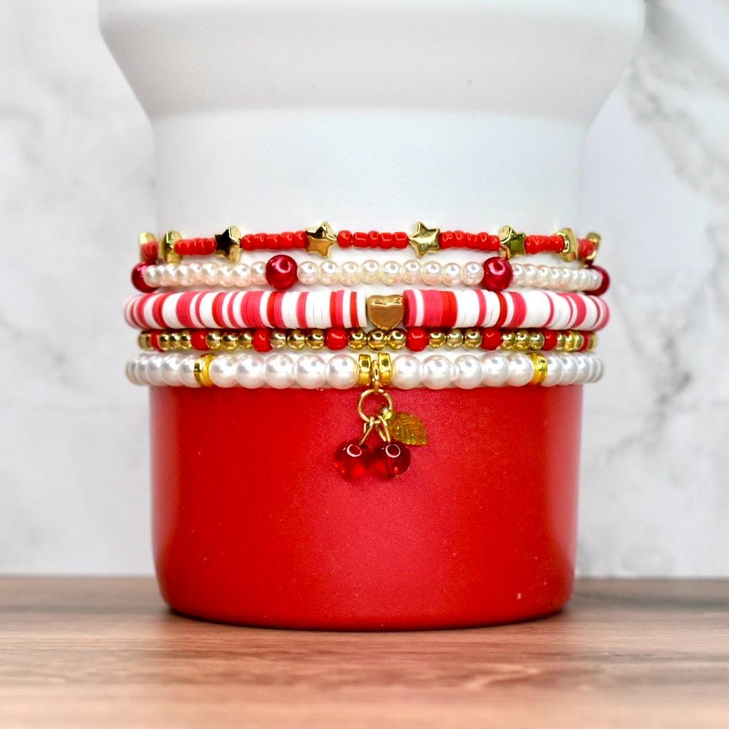 Cherry Charm Bracelet Stack: Red, White & Gold Beaded 5 Piece Set