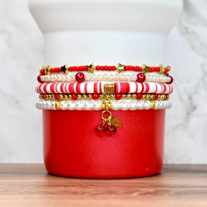 Cherry Charm Bracelet Stack: Red, White & Gold Beaded 5 Piece Set