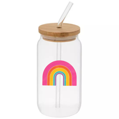 Glass Can Sipper Cup with Straw Charm, Bamboo Lid, and Glass Straw