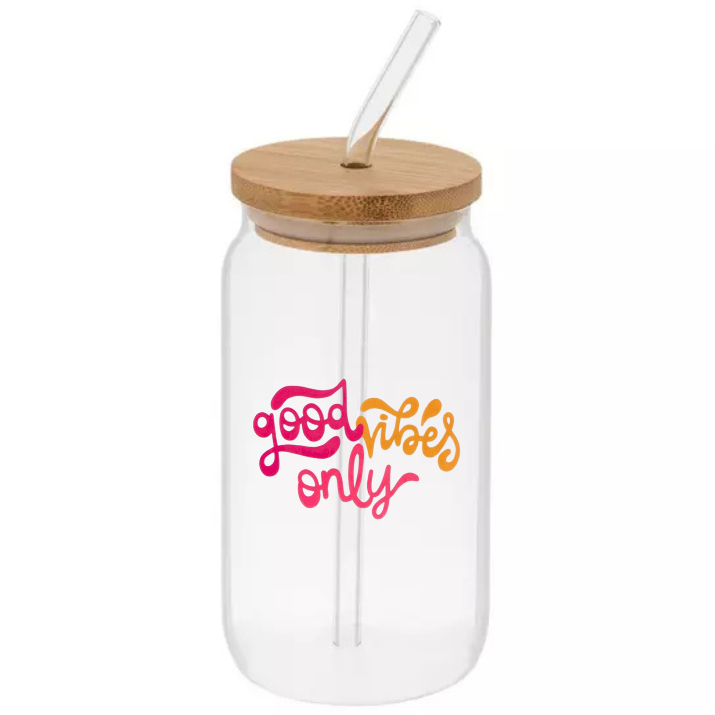 Glass Can Sipper Cup with Straw Charm, Bamboo Lid, and Glass Straw