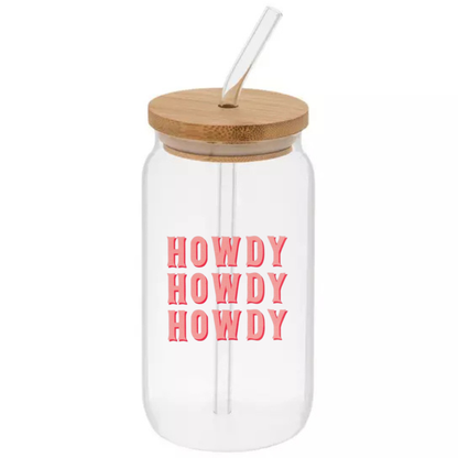 Glass Can Sipper Cup with Straw Charm, Bamboo Lid, and Glass Straw
