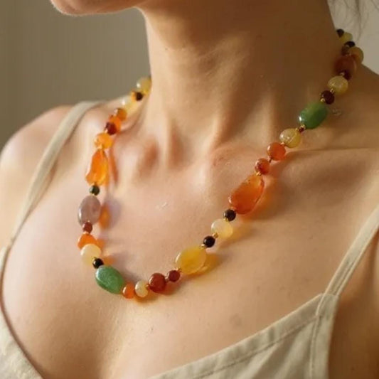 Natural Stone Beaded Necklace with Gold Accents