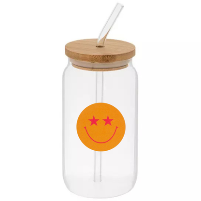 Glass Can Sipper Cup with Straw Charm, Bamboo Lid, and Glass Straw