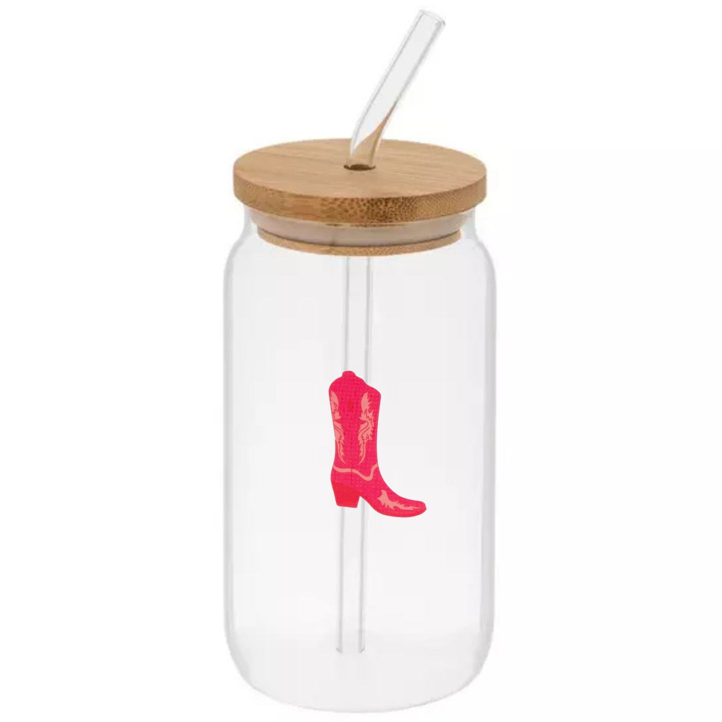 Glass Can Sipper Cup with Straw Charm, Bamboo Lid, and Glass Straw