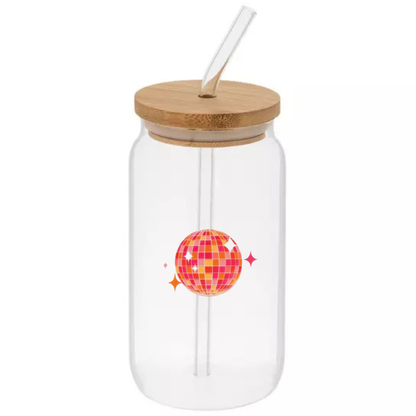 Glass Can Sipper Cup with Straw Charm, Bamboo Lid, and Glass Straw
