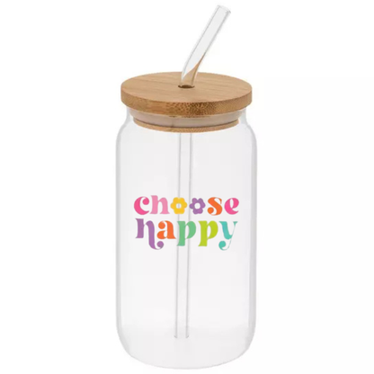 Glass Can Sipper Cup with Straw Charm, Bamboo Lid, and Glass Straw