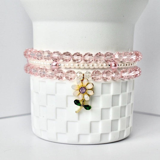 Pink Crystal & Pearl Bracelet Stack - 3 Piece Set