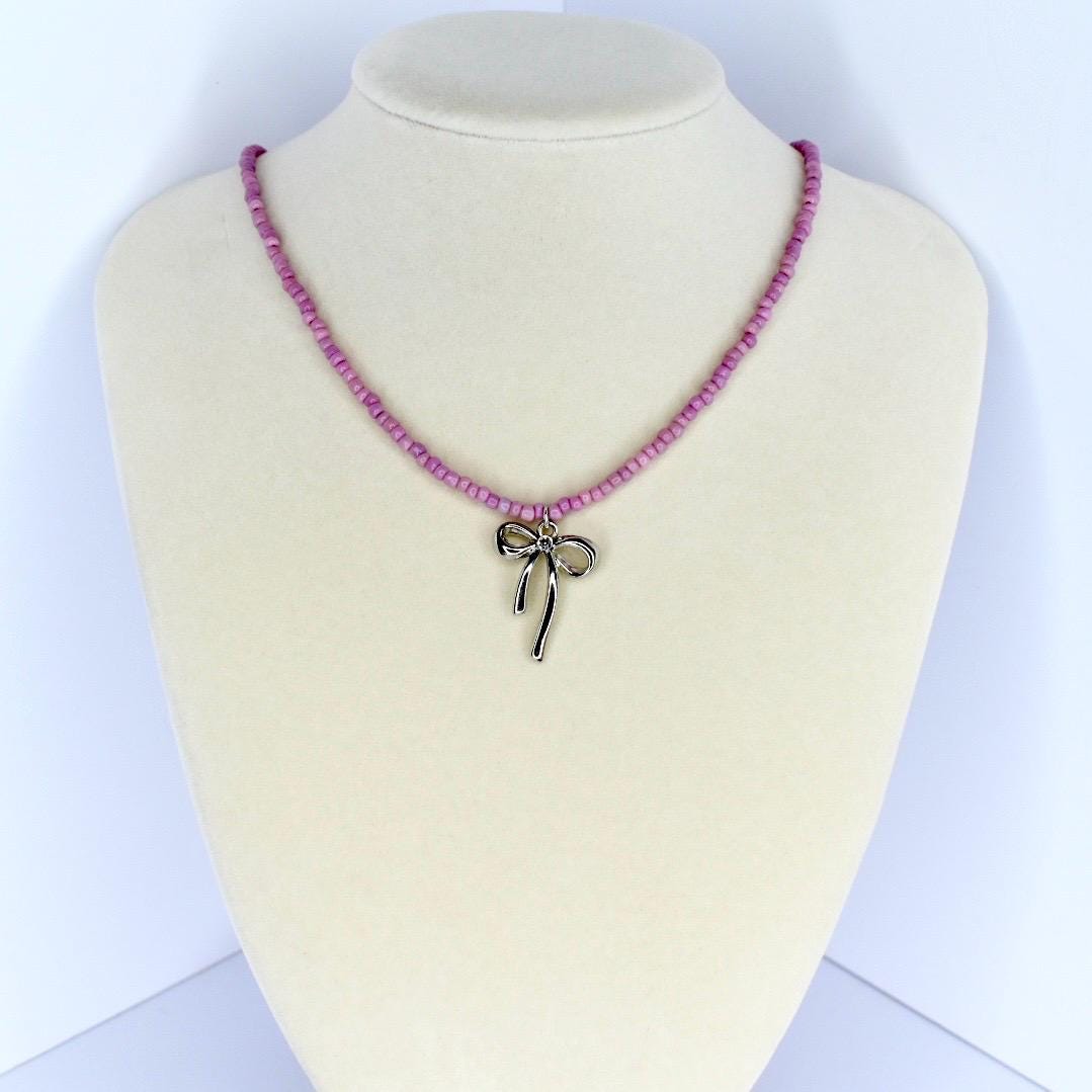 Bow Charm Necklace – Pink or Teal Beaded Choker